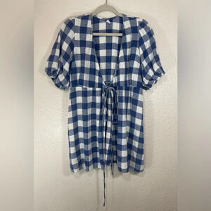 Old Navy Puff Sleeve Big Blue Plaid Linen Blend Wrap Dress Women’s Small Coastal